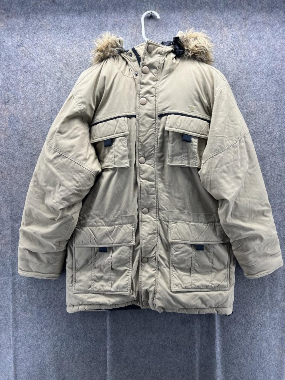 Southpole Jacket Men Large Beige Hooded Parka Faux Fur Trim Insulated Winter